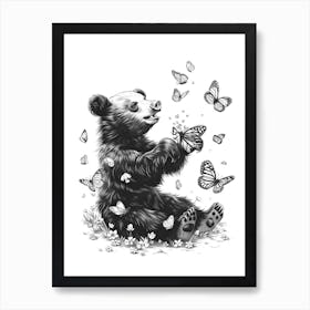 Malayan Sun Bear Cub Playing With Butterflies Ink Illustration 1 Art Print