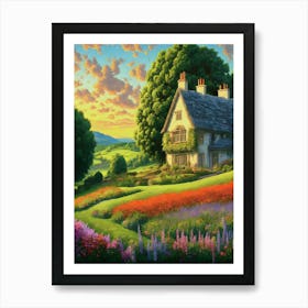 Blooming Flower Field With Idyllic Farmhouse Art Print