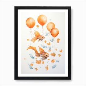 Fish Flying With Autumn Fall Pumpkins And Balloons Watercolour Nursery 4 Art Print