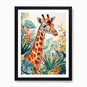 Giraffe Watercolour Portrait In The Leaves 1 Art Print