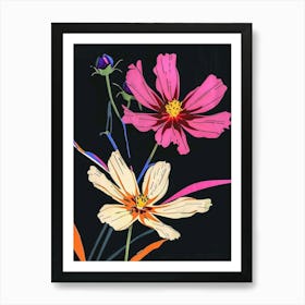 Neon Flowers On Black Cosmos 2 Art Print