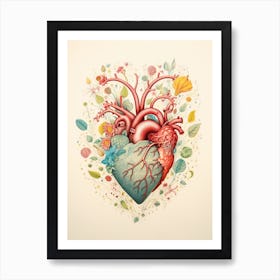 Detailed Heart & Leaves Illustration Sepia Art Print