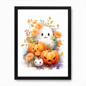 Cute Ghost With Pumpkins Halloween Watercolour 83 Art Print