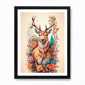 Deer With Flowers Art Print