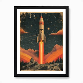 Space Odyssey: Retro Poster featuring Asteroids, Rockets, and Astronauts: Space Rocket 1 Art Print