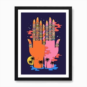 Mystic Traveller Hands Jeweled Rings Palm Trees And Stars Art Print