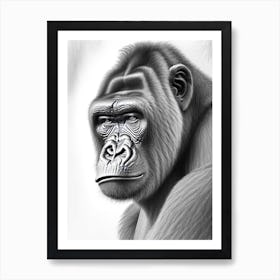 Gorilla With Wondering Face Gorillas Greyscale Sketch 1 Art Print