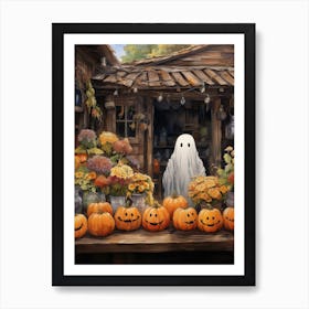 Cute Bedsheet Ghost, Botanical Halloween Watercolour 128 Art Print