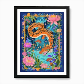 Lunar Year Of The Dragon 2024 Orange Dragon With Floral Frame Art Print