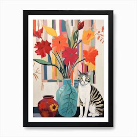 Tulip Flower Vase And A Cat, A Painting In The Style Of Matisse 3 Art Print