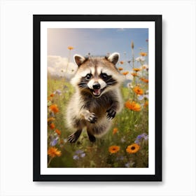 Cute Funny Crab Eating Raccoon Running On A Field 4 Art Print