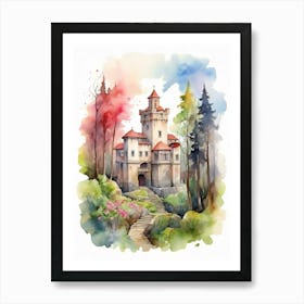 Watercolor Castle In The Forest Art Print