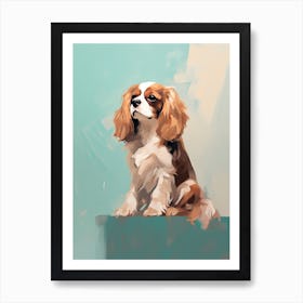 Cavalier King Charles Spaniel Dog, Painting In Light Teal And Brown 0 Art Print
