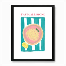 Pasta Spaghetti Lemon Stripes Blue and Pink Illustration Poster Art Print