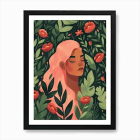 Girl With Pink Hair And Flowers Art Print