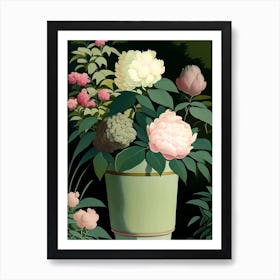 Container Of Peonies In Garden Vintage Sketch Art Print