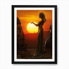 A Digital Painting Capturing The Merging Of Different Eras A Monumental Statue Of A Woman Holding T (3) Art Print