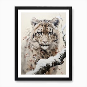 Snow Leopard, Japanese Brush Painting, Ukiyo E, Minimal 3 Art Print