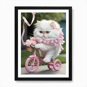 Cute Kitten Riding A Pink Bicycle Art Print