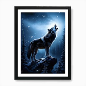 Howling Wolf Center Frame Midnight Wilderness Backdrop Full Moon Casting Silver Illumination Thro (5) Art Print