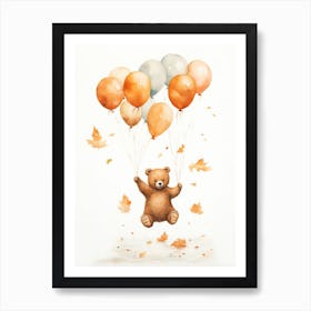 Bear Flying With Autumn Fall Pumpkins And Balloons Watercolour Nursery 1 Art Print