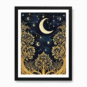 Golden Tree With Moon And Stars Art Print