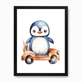 Baby Penguin On A Toy Car, Watercolour Nursery 2 Art Print