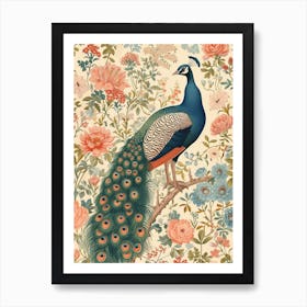 Sepia Blue & Blush Pink Peacock Art Print