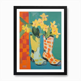 Painting Of Yellow Flowers And Cowboy Boots, Oil Style  2 Art Print