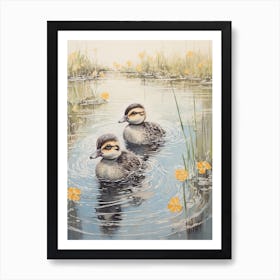 Ducklings Splashing Around Japanese Woodblock Style 2 Art Print