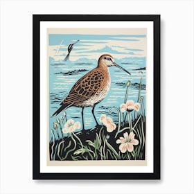 Vintage Bird Linocut Dunlin 1 Art Print