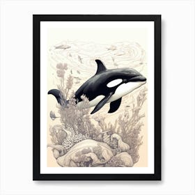 Black Linework Orca Whale Illustration With Coral Art Print