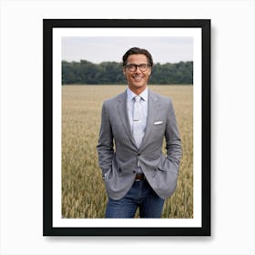 Businessman Smartly Dressed In A Grey Suit With Crisp Button Down Shirt And Jeans Stands Confident (6) Art Print