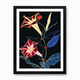 Neon Flowers On Black Morning Glory 8 Art Print