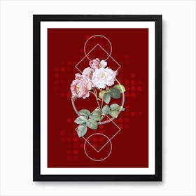 Vintage Pink Damask Rose Botanical with Geometric Line Motif and Dot Pattern n.0139 Art Print