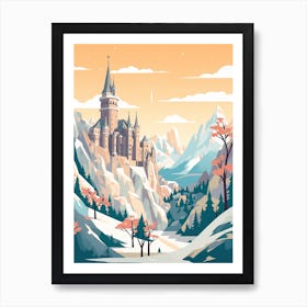 Vintage Winter Travel Illustration Schloss Neuschwanstein Germany 2 Art Print