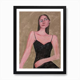 A woman in a black dress on a beige background Art Print