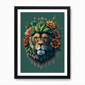 Vintage lion with flowers Art Print