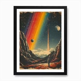 Space Odyssey: Retro Poster featuring Asteroids, Rockets, and Astronauts: Rainbows In The Sky Art Print