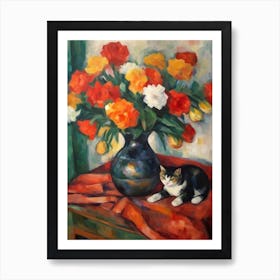 Flower Vase Anemone With A Cat 2 Impressionism, Cezanne Style Art Print