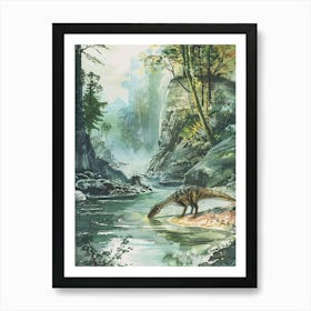 Dinosaur Drinking From A Watering Hole Watercolour Illustration 2 Art Print