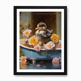 Duckling In The Bath Floral Painting 1 Art Print