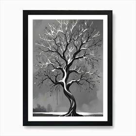 Black And White Illustration Of A Tree With Abstract White Background Art Print