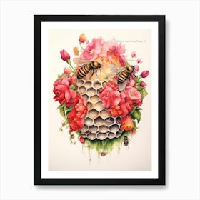 Beehive With Snapdragons Watercolour Illustration 3 Art Print