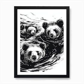 Malayan Sun Bear Family Swimming In A River Ink Illustration 4 Art Print
