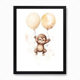 Baby Monkey Flying With Ballons, Watercolour Nursery Art 4 Art Print