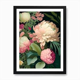 Borders And Edges Peonies 1 Colourful Vintage Sketch Art Print