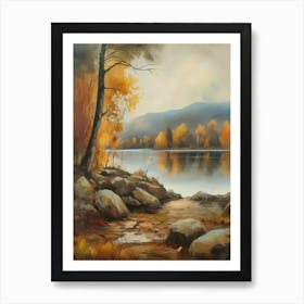 Forest Lake, Autumn Lake, Vintage Oil Painting, Farmhouse Wall Decorations, Antique Landscape, Vintage Landscape Oil Painting.5 2 Art Print