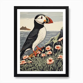 Vintage Bird Linocut Puffin 2 Art Print