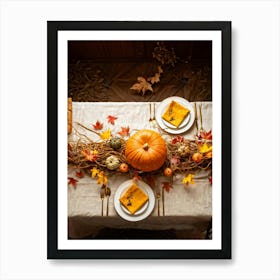 Autumn Themed Dinner Table Centerpiece Of Intertwined Golden Orange Pumpkin Vines Scattered Leaves (1) Art Print